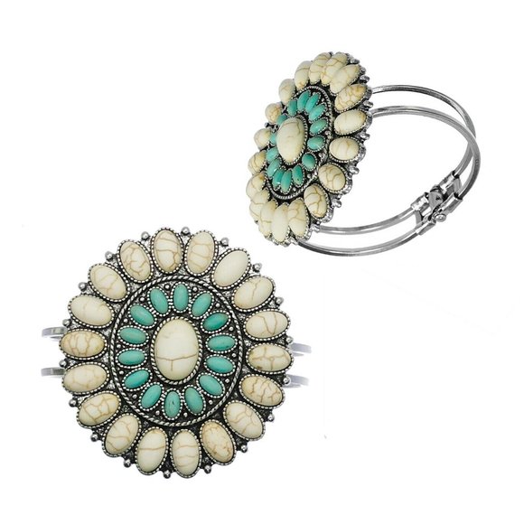 TIPI Jewelry - Summer Southwest Turquoise White Buffalo large concho stone silver cuff bracelet